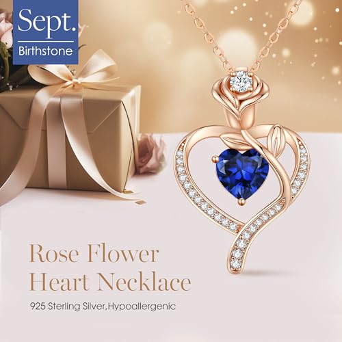 Rose Flower Heart Birthstone Necklace Gifts for Women, 925 Sterling Silver Fine Jewelry, Pendant Heart Necklace Birthday Anniversary Christmas Gift for Women Wife Mom Girlfriend Lady