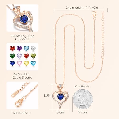 Rose Flower Heart Birthstone Necklace Gifts for Women, 925 Sterling Silver Fine Jewelry, Pendant Heart Necklace Birthday Anniversary Christmas Gift for Women Wife Mom Girlfriend Lady