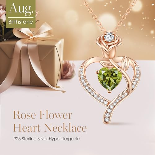 Rose Flower Heart Birthstone Necklace Gifts for Women, 925 Sterling Silver Fine Jewelry, Pendant Heart Necklace Birthday Anniversary Christmas Gift for Women Wife Mom Girlfriend Lady