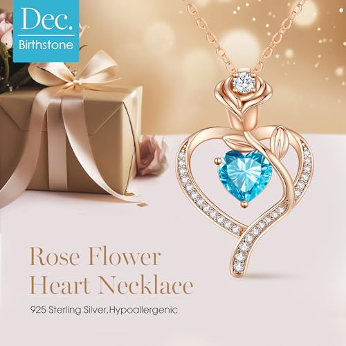 Rose Flower Heart Birthstone Necklace Gifts for Women, 925 Sterling Silver Fine Jewelry, Pendant Heart Necklace Birthday Anniversary Christmas Gift for Women Wife Mom Girlfriend Lady