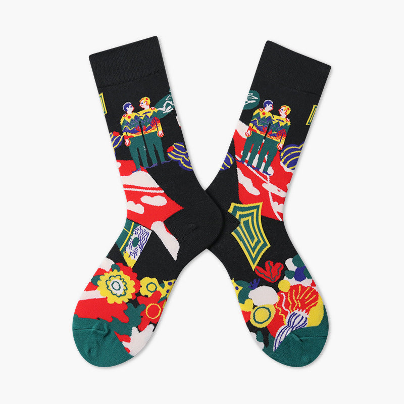 New French Head Couple In Tube Jacquard Cartoon Socks