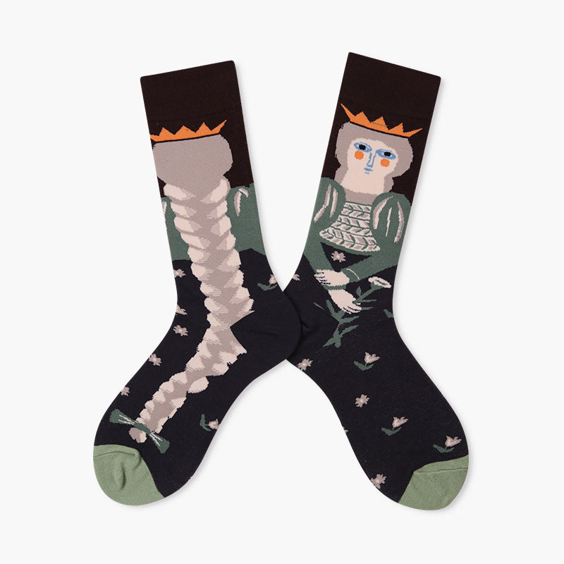 New French Head Couple In Tube Jacquard Cartoon Socks