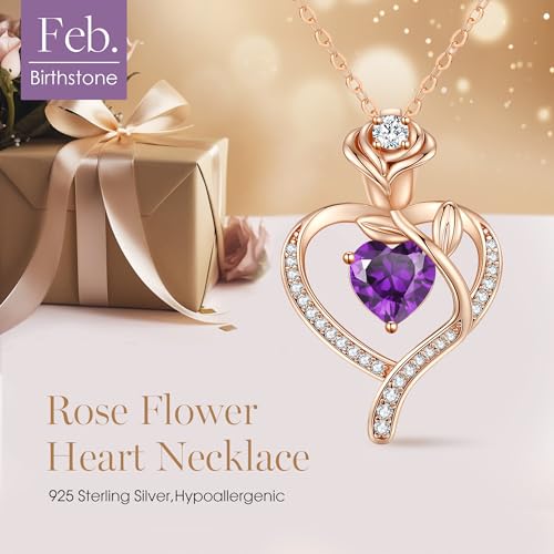 Rose Flower Heart Birthstone Necklace Gifts for Women, 925 Sterling Silver Fine Jewelry, Pendant Heart Necklace Birthday Anniversary Christmas Gift for Women Wife Mom Girlfriend Lady