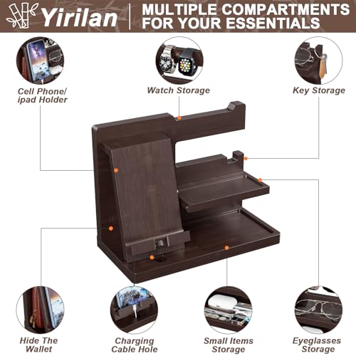 Yirilan Wood Phone Docking Station, Nightstand Organizer, Birthday Gifts for Men -Gifts for Dad/Boyfriend/Grandpa, Anniversary, Christmas, Graduation Travel Idea Gadgets-Brown