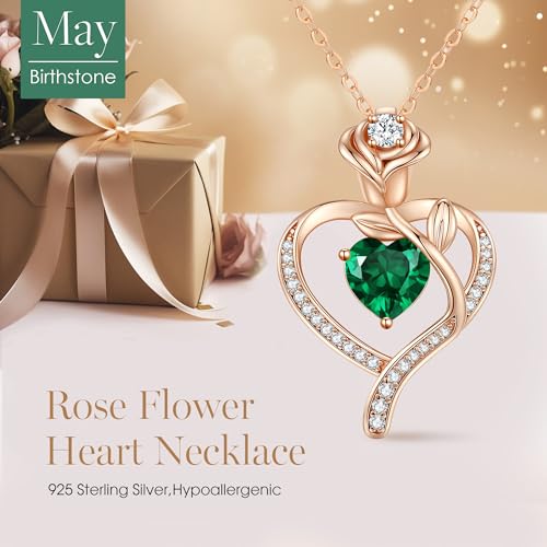 Rose Flower Heart Birthstone Necklace Gifts for Women, 925 Sterling Silver Fine Jewelry, Pendant Heart Necklace Birthday Anniversary Christmas Gift for Women Wife Mom Girlfriend Lady