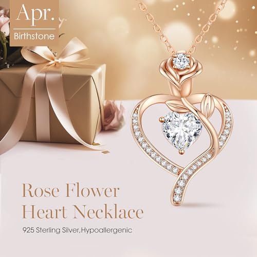 Rose Flower Heart Birthstone Necklace Gifts for Women, 925 Sterling Silver Fine Jewelry, Pendant Heart Necklace Birthday Anniversary Christmas Gift for Women Wife Mom Girlfriend Lady