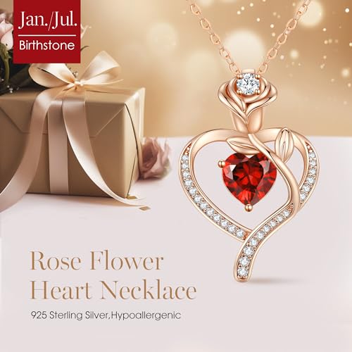 Rose Flower Heart Birthstone Necklace Gifts for Women, 925 Sterling Silver Fine Jewelry, Pendant Heart Necklace Birthday Anniversary Christmas Gift for Women Wife Mom Girlfriend Lady