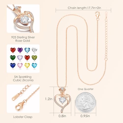 Rose Flower Heart Birthstone Necklace Gifts for Women, 925 Sterling Silver Fine Jewelry, Pendant Heart Necklace Birthday Anniversary Christmas Gift for Women Wife Mom Girlfriend Lady