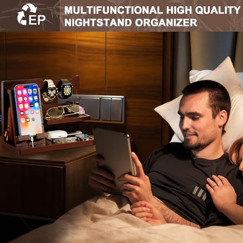 Yirilan Wood Phone Docking Station, Nightstand Organizer, Birthday Gifts for Men -Gifts for Dad/Boyfriend/Grandpa, Anniversary, Christmas, Graduation Travel Idea Gadgets-Brown