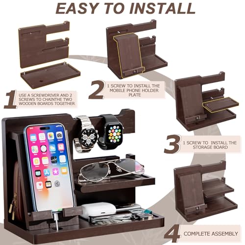 Yirilan Wood Phone Docking Station, Nightstand Organizer, Birthday Gifts for Men -Gifts for Dad/Boyfriend/Grandpa, Anniversary, Christmas, Graduation Travel Idea Gadgets-Brown