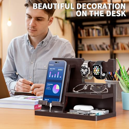 Yirilan Wood Phone Docking Station, Nightstand Organizer, Birthday Gifts for Men -Gifts for Dad/Boyfriend/Grandpa, Anniversary, Christmas, Graduation Travel Idea Gadgets-Brown