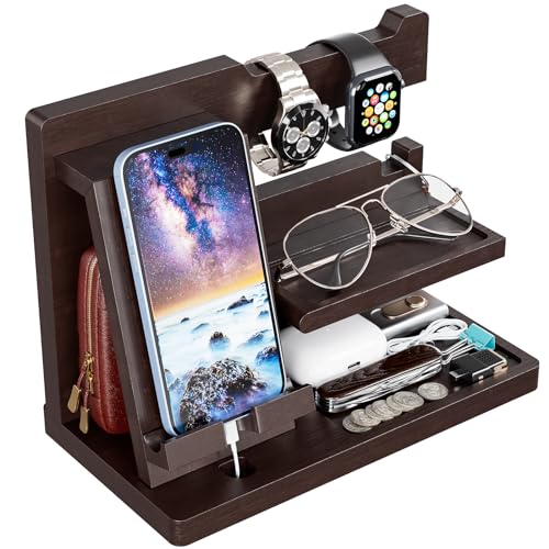 Yirilan Wood Phone Docking Station, Nightstand Organizer, Birthday Gifts for Men -Gifts for Dad/Boyfriend/Grandpa, Anniversary, Christmas, Graduation Travel Idea Gadgets-Brown