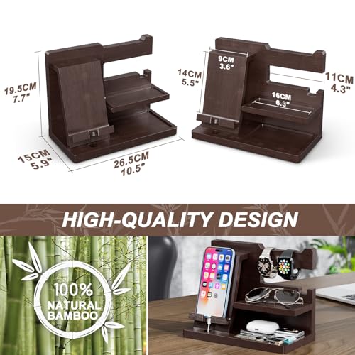 Yirilan Wood Phone Docking Station, Nightstand Organizer, Birthday Gifts for Men -Gifts for Dad/Boyfriend/Grandpa, Anniversary, Christmas, Graduation Travel Idea Gadgets-Brown