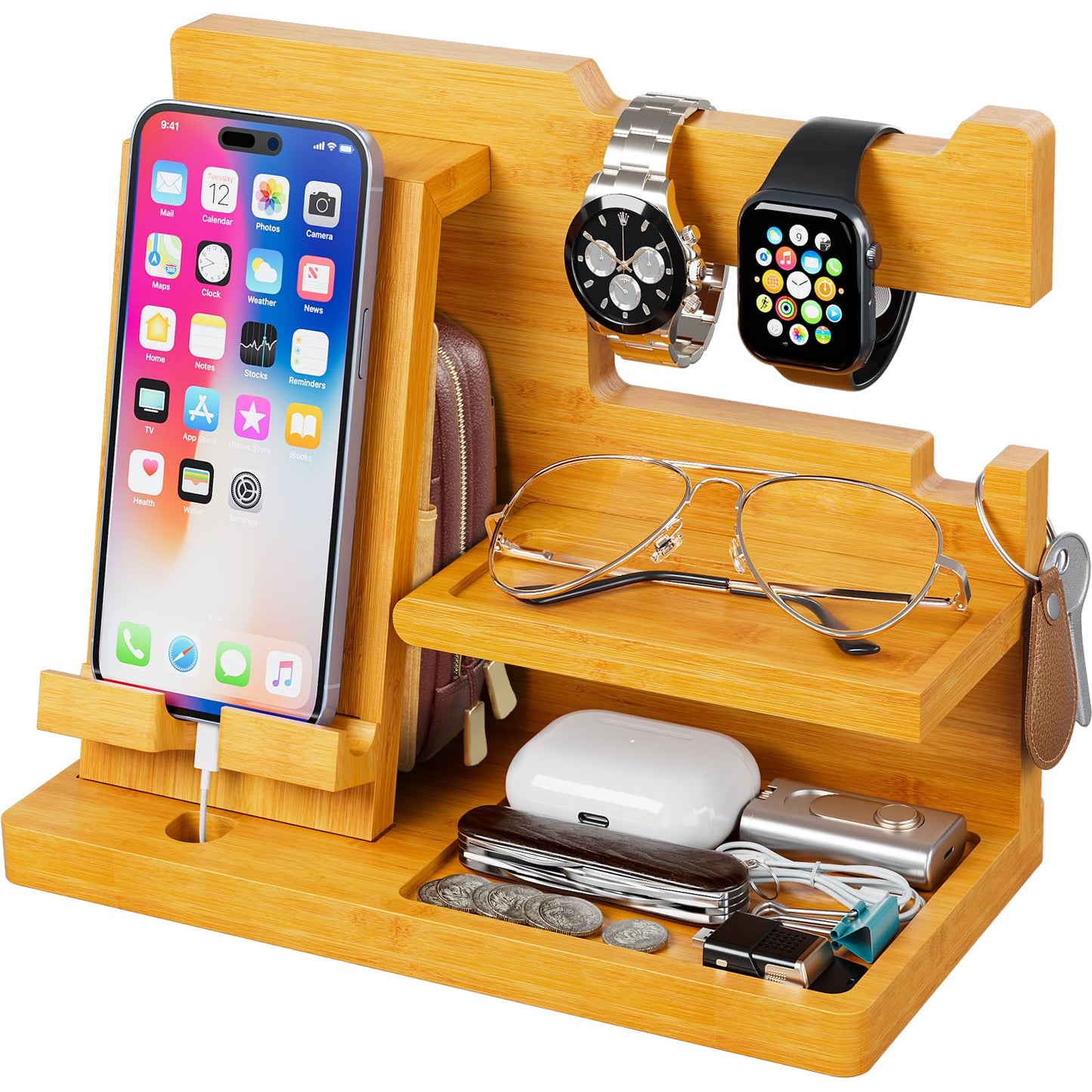 Yirilan Wood Phone Docking Station, Nightstand Organizer, Birthday Gifts for Men -Gifts for Dad/Boyfriend/Grandpa, Anniversary, Christmas, Graduation Travel Idea Gadgets-Brown